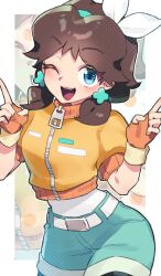 1girl blue_eyes brown_hair denim denim_shorts earrings fingerless_gloves gloves headband jacket jewelry komugiko_(bitte_komu) mario_(series) mario_kart mario_kart_world medium_hair nintendo one_eye_closed open_mouth orange_gloves orange_jacket princess_daisy princess_daisy_(touring) shorts smile
