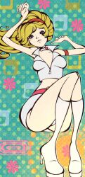 belt blonde_hair blue_eyes blush boots breasts choker crop_top eyelashes go-go_boots hairband high_heel_boots high_heels highres lilitafaery lips long_hair medium_breasts microskirt midriff mod_fashion original pale_skin panties pantyshot skirt underwear zipper_pull_tab