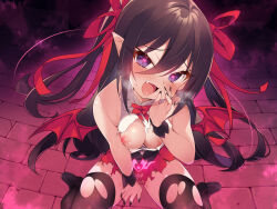1girl absurdres black_hair black_thighhighs blush breasts breasts_out demon_girl demon_wings fang heart heart-shaped_pupils heavy_breathing highres long_hair looking_at_viewer msp_sammy nipples non-web_source open_mouth original pointy_ears pubic_tattoo pubic_tattoo_through_clothing purple_eyes shirt skirt small_breasts smile solo sweat symbol-shaped_pupils tattoo thighhighs tongue torn_clothes torn_shirt torn_thighhighs wings