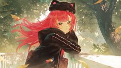 1girl against_railing animal_hat arm_rest bag beret black_hat black_jacket blunt_bangs cat_hat dappled_sunlight fagi_(kakikaki) falling_leaves floating_hair hat hood hooded_jacket hoodie jacket leaf long_hair looking_afar nekota_tsuna nekota_tsuna_(4th_costume) orange_eyes outdoors parted_lips paw_hair_ornament railing red_hair school_bag solo sunlight swept_bangs tree upper_body virtual_youtuber vspo!