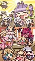 5boys 6+girls ahoge artoria_caster_(fate) artoria_pendragon_(fate) aurora_(fate) baobhan_sith_(fate) baobhan_sith_(second_ascension)_(fate) barghest_(fate) beryl_gut black_dress black_hair blonde_hair blood blood_on_face blue_eyes blush boggart_(fate) cernunnos_(fate) closed_eyes cnoc_na_riabh_(fate) coat dress fate/grand_order fate_(series) flower furry furry_male gareth_(fate) giant giantess green_eyes green_jacket grey_hair habetrot_(fate) hair_flower hair_ornament hair_over_one_eye hair_ribbon hat heterochromia high_heels holding holding_chair holding_footwear holding_unworn_clothes jacket kazuradrop_(fate) lion_boy long_hair lying mash_kyrielight medb_(fate) melusine_(fate) morgan_le_fay_(fate) multiple_boys multiple_girls murian_(fate) oberon_(fate) oberon_(second_ascension)_(fate) official_art on_floor on_stomach open_mouth outstretched_arm pink_hair pink_hat pointy_ears purple_eyes purple_flower purple_hair red_eyes ribbon riyo_(lyomsnpmp) sharp_teeth sidelocks sitting sitting_on_person smile spriggan_(fate) sweat teeth tongue tongue_out twintails white_coat white_dress white_fur white_hair wolf_boy woodwose_(fate) wrestling wrestling_outfit yellow_eyes
