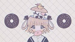 1girl animated animated_gif blinking blonde_hair blue_eyes chocolate commentary_request donut flower food food_in_mouth food_on_face hair_rings hasuimo looking_at_viewer medium_hair mouth_hold original pink_flower portrait rubber_duck skull solo sprinkles straight-on