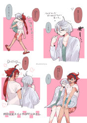 2girls arms_around_neck black_hairband blue_eyes carrying carrying_person closed_eyes closed_mouth commentary_request eating green_shirt green_shorts grey_eyes gundam gundam_suisei_no_majo hairband highres hug kusattatofu long_hair miorine_rembran multiple_girls open_mouth pink_background pink_shorts ponytail red_hair red_slippers shirt shorts slippers smile speech_bubble suletta_mercury thick_eyebrows translation_request two-tone_background white_background white_hair white_shirt yuri