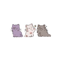 :&lt; ;3 animal animal_focus animalization ao_kaeru bob_cut bug butterfly cat closed_mouth fujishima_megumi full_body green_eyes hair_ornament highres insect inverted_bob link!_like!_love_live! looking_at_animal love_live! multicolored_hair multiple_cats no_humans one_eye_closed otomune_kozue purple_eyes red_eyes sidelocks simple_background sitting sparkle star_(symbol) star_hair_ornament streaked_hair two_side_up virtual_youtuber white_background yellow_butterfly yugiri_tsuzuri