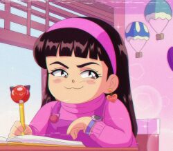1990s_(style) 1girl abby_(turning_red) animification black_hair blue_overalls brenni_murasaki brown_eyes closed_mouth jewelry long_hair looking_at_viewer multicolored_hair overalls pink_skirt retro_artstyle shirt skirt smile streaked_hair turning_red