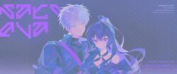 1boy 1girl absurdres bare_shoulders black_collar blue_eyes blue_jacket blue_pupils breasts bright_pupils cleavage closed_mouth collar collared_jacket commentary commission copyright_notice detached_collar dress gkxxm hair_between_eyes height_difference high_collar highres jacket long_hair looking_at_viewer messy_hair o-ring original ponytail purple_background purple_dress purple_eyes purple_hair short_hair short_sleeves smile twitter_username upper_body watermark wavy_hair white_hair