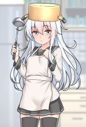 1girl absurdres apron black_sailor_collar black_shirt black_skirt black_thighhighs closed_mouth commentary_request cooking_pot furaggu_(frag_0416) hair_between_eyes hands_up hibiki_(kancolle) highres holding holding_ladle indoors kantai_collection ladle long_hair long_sleeves looking_at_viewer pot_on_head sailor_collar school_uniform serafuku shirt skirt solo standing thighhighs thighs variant_set white_apron white_eyes white_hair zettai_ryouiki
