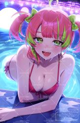 1girl ahoge akabino backlighting bare_arms bare_shoulders bent_over bikini bow breasts cleavage earrings facial_mark fang front-tie_bikini_top front-tie_top green_eyes green_hair hair_bow heart highres hoop_earrings indie_virtual_youtuber jewelry large_breasts long_hair looking_at_viewer multicolored_hair open_mouth pink_hair poolside red_bikini side-tie_bikini_bottom slice_of_toma smile solo spaghetti_strap string_bikini swimsuit twintails two-tone_hair virtual_youtuber water wet