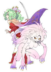 Rule 34 | alternate form, breasts, cape, claws, colored sclera, colored skin, dede (qwea 00000), detached sleeves, dual persona, final fantasy, final fantasy vi, fingernails, glaring, green hair, long fingernails, pink hair, pink skin, red eyes, simple background, squatting, sword, tina branford, trance terra branford, weapon, yellow sclera