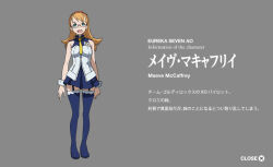 blonde_hair blue_eyes blue_leggings boots concept_art dress eureka_seven_(series) eureka_seven_ao garter_straps generation_bleu_uniform glasses hairband kadokawa leggings long_hair maeve_mccaffrey miniskirt necktie non-web_source orange_hair pleated_dress red-framed_eyewear red_hairband reference_sheet skirt thigh_boots turquoise_eyes yellow_necktie