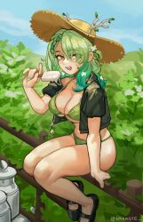 1girl antlers arm_support bikini black_footwear black_jacket blue_sky braid braided_bangs breasts bush ceres_fauna commentary cropped_jacket day english_commentary eyes_visible_through_hair fence flower food green_bikini green_hair hair_flower hair_ornament hair_over_one_eye hat highres holding holding_food hololive hololive_english horns horns_through_headwear jacket large_breasts leaf long_hair looking_at_viewer melting mole mole_under_eye mountainous_horizon on_fence open_clothes open_jacket open_mouth outdoors popsicle sakaste short_sleeves sitting sky solo straw_hat swimsuit teeth twitter_username upper_teeth_only virtual_youtuber wooden_fence yellow_eyes
