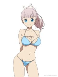 1girl absurdres arms_behind_back bare_shoulders bikini blue_bikini blue_eyes blunt_bangs breasts cleavage closed_mouth commentary coro_fae cowboy_shot fanbox_username floating_hair fujiwara_chika gluteal_fold halterneck highres kaguya-sama_wa_kokurasetai_~tensai-tachi_no_renai_zunousen~ large_breasts light_blush long_hair looking_at_viewer navel paid_reward_available pink_hair ponytail simple_background smile solo split_mouth standing stomach string_bikini swimsuit twitter_username watermark web_address white_background