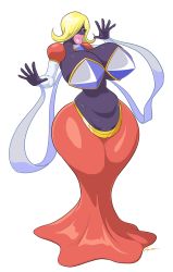 1girl absurdres blonde_hair breasts cleavage colored_skin eyeshadow female_focus gen_1_pokemon gigantic_breasts highres jacques00 jynx lips looking_at_viewer makeup nintendo pokemon pokemon_(creature) purple_eyes purple_skin pussy pussy_peek solo thick_thighs thighs wide_hips
