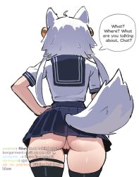 1girl ahoge animal_ears ass black_thighhighs blue_sailor_collar blue_skirt cat_ears cat_girl cat_tail chat_log clueless cowboy_shot double_horizontal_stripe english_text filian_(vtuber) from_behind hair_ornament hand_on_own_hip highres indie_virtual_youtuber livestream long_hair miniskirt no_panties patreon_username pear-shaped_figure pleated_skirt pussy sailor_collar shirt shirt_tucked_in short_sleeves simple_background skindentation skirt solo speech_bubble straight_hair tail thighhighs virtual_youtuber watermark web_address wersman white_background white_hair white_shirt wide_hips zettai_ryouiki