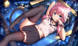 1girl :p ahoge animal_ear_fluff animal_ear_legwear animal_ears bell black_skirt black_thighhighs blue_eyes blue_flower blue_rose blush bow_legwear cat_ear_legwear cat_ears collarbone flower hair_between_eyes hair_over_shoulder highres indie_virtual_youtuber jingle_bell long_hair looking_at_viewer low_twintails navel no_shoes pink_hair rose sakurada_hane shirt skirt smile solo tail thighhighs tongue tongue_out twintails virtual_youtuber wet white_shirt wings wsman zettai_ryouiki