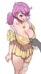 1girl 1other :d arms_at_sides bare_shoulders blue_eyes blush bra bra_strap breasts covered_erect_nipples dress frilled_dress frills heart heart_necklace highres jewelry large_breasts legs_together long_bangs long_hair looking_ahead mamorunokoto necklace off-shoulder_dress off_shoulder open_mouth original out_of_frame pink_hair pleated_dress see-through_clothes see-through_dress short_twintails simple_background smile solo standing straight_hair sweat thigh_strap twintails underwear white_background white_bra yellow_dress