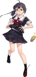 Rule 34 | 1girl, ahoge, black hair, black shirt, black skirt, black socks, brown shoes, cosplay, cut bangs, food, fujikawa, fujinami (kancolle), full body, hair ribbon, kantai collection, loafers, long hair, looking at viewer, neckerchief, official art, one eye closed, pleated skirt, red neckerchief, ribbon, sailor collar, sailor shirt, shiratsuyu (kancolle), shiratsuyu (kancolle) (cosplay), shirt, shoes, side ponytail, simple background, skirt, smile, socks, solo, standing, sweet potato, transparent background, white ribbon, white sailor collar, yellow eyes