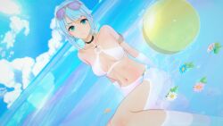 3d ball beachball bikini breasts cleavage ellenlaire etain_(mabinogi) green_eyes highres koikatsu_(medium) low_ponytail mabinogi outdoors ponytail swimsuit white_bikini