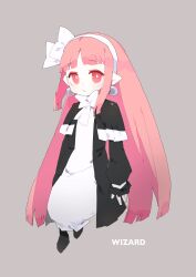 1girl black_boots black_capelet black_dress boots bow capelet demon_girl disgaea dress earrings frills highres jewelry lolita_fashion long_hair looking_at_viewer mage_(disgaea) pink_eyes pink_hair pointy_ears ribbon simple_background wasou_89 white_bow white_dress white_ribbon