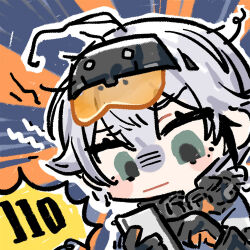 Rule 34 | 110, 1girl, ahoge, cascadia (neural cloud), chibi, chibi only, chinese commentary, cui pi zha xia qiu, girls&#039; frontline, girls&#039; frontline neural cloud, gloom (expression), goggles, goggles on head, green eyes, grey hair, holding, holding phone, looking at phone, official art, phone, second-party source, solo