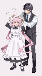 1boy 1girl absurdres apron black_hair butler commentary_request couple dress full_body hetero highres kise_itsuki long_hair maid momo_(kise_itsuki) original pink_hair red_eyes sketch very_long_hair