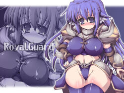 1girl armor bikini bikini_armor blush breasts cameltoe character_name closed_mouth commentary_request covered_erect_nipples cowboy_shot cross cross_necklace elbow_gloves faulds fingerless_gloves frown gloves groin jewelry large_breasts long_hair looking_at_viewer navel necklace nose_blush pauldrons purple_bikini purple_eyes purple_gloves purple_hair purple_thighhighs ragnarok_online rakuma_kanori royal_guard_(ragnarok_online) shoulder_armor solo swimsuit tearing_up thighhighs zoom_layer