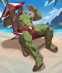 Rule 34 | 1boy, abs, absurdres, bara, bare pectorals, beach, beach chair, beach umbrella, colored sclera, colored skin, commentary, covered penis, covered testicles, cup, english commentary, flip-flops, green eyes, green sclera, green skin, grin, highres, holding, holding cup, holding umbrella, hulk, large pectorals, luiixury art, male focus, male swimwear, marvel, marvel rivals, muscular, muscular male, navel, nipples, open clothes, open shirt, outdoors, pectorals, pink shirt, sandals, shirt, short hair, sitting, sky, smile, solo, swim briefs, thick thighs, thighs, twitter username, umbrella, variant set