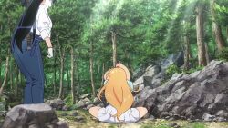 Rule 34 | 2girls, animated, anime screenshot, arato nagi, ass, belt, bent over, black hair, blonde hair, blue pants, buttons, denim, dress shirt, gloves, green eyes, highres, huge ass, jeans, long hair, multiple girls, outdoors, pants, rock, ruri no houseki, shirt, shirt tucked in, sleeveless, sleeves rolled up, sound, tagme, tanigawa ruri, thick thighs, thighs, video, white gloves, white shirt, wide hips