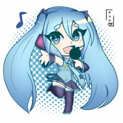 absurdres blue_eyes blue_hair chibi happy hatsune_miku highres microphone ran_sk skirt vocaloid