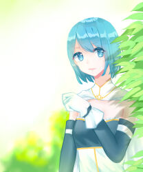 Rule 34 | 1girl, absurdres, armlet, bare shoulders, blue eyes, blue hair, blue shirt, blue sleeves, breasts, cape, cleavage, clenched hand, collared cape, commentary, detached sleeves, dot nose, expressionless, frilled shirt, frills, gloves, hair between eyes, highres, jewelry, kirina zero, long sleeves, magical girl, mahou shoujo madoka magica, mahou shoujo madoka magica (anime), miki sayaka, morning, open mouth, outdoors, shirt, short hair, sky, solo, strapless, strapless shirt, tareme, tree, two-tone shirt, upper body, white cape, white gloves, white shirt, yellow sky