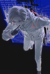 1boy 7nite absurdres aotsuki_eito arm_behind_back bar_censor black_gloves blood blood_in_hair blood_on_clothes blood_on_glass blood_on_gloves bloody_knife blue_screen_of_death breast_pocket censored commentary drawstring english_commentary error_message eyelashes full_body glasses gloves grey_eyes grey_hair hand_up highres holding holding_behind_back holding_knife holding_knife_behind_back jacket knife looking_at_viewer male_focus one_eye_closed panties pants pocket short_hair smile solo spoilers the_hundred_line_-last_defense_academy- underwear weibo_username white_jacket white_panties zipper