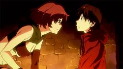 10s 1boy 1girl animated animated_gif ass barbara_(grimgar) bare_shoulders belt breastless_clothes breasts brown_hair butt_crack cleavage cleavage_cutout clothing_cutout downpants fingerless_gloves glasses gloves green_shirt hai_to_gensou_no_grimgar holster lowres midriff semi-rimless_eyewear shirt short_hair short_shorts shorts sleeveless sleeveless_shirt spandex tank_top under-rim_eyewear underboob