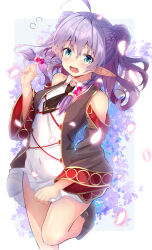 1girl ahoge bare_shoulders blush breasts clothes_pull fricka_(iris_mysteria!) green_eyes hattori_9029 highres iris_mysteria! medium_breasts necktie open_mouth petals pointy_ears purple_hair raised_inner_eyebrows skirt skirt_pull standing standing_on_one_leg thighs
