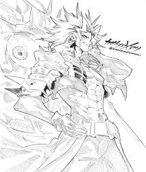 Rule 34 | 1boy, abs, artist name, cropped jacket, duel monster, fiendsmith engraver, highres, kasanashiameari, male focus, medium hair, monochrome, muscular, muscular male, no shirt, simple background, solo, spiked hair, white background, yu-gi-oh!