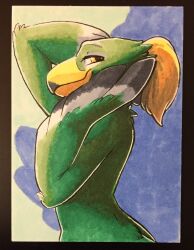 1girl ajin_(ajinhdremix) amali_(zelda) arm_up beak bird_girl blonde_hair blue_background body_fur closed_mouth completely_nude feathered_wings female_focus from_side furry furry_female green_fur half-closed_eyes hand_up happy highres looking_at_viewer mature_female nintendo nude photo_(medium) profile rito short_hair simple_background smile solo standing the_legend_of_zelda the_legend_of_zelda:_breath_of_the_wild traditional_media two-tone_background upper_body winged_arms wings yellow_eyes