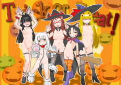 5girls animal_ears animal_hands bad_id bad_pixiv_id black_hair blonde_hair blue_eyes breasts broom brown_hair cleft_of_venus collar fishnet_legwear fishnets flat_chest glasses gloves groin halloween happy hat high_heels j7w jack-o&#039;-lantern jorogumo_(neko_musume_michikusa_nikki) kawahime koma_(neko_musume_michikusa_nikki) komainu kurona_(neko_musume_michikusa_nikki) kutchii leash loli medium_breasts multiple_girls neko_musume_michikusa_nikki nipples nude open_mouth paw_gloves pussy rabbit_ears red-framed_eyewear small_breasts smile striped_legwear thighhighs trick_or_treat uncensored witch_hat yellow_eyes
