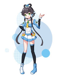 Rule 34 | 1girl, asymmetrical legwear, bare shoulders, black socks, black thighhighs, blue shoes, chinese commentary, detached sleeves, full body, green eyes, grey hair, hair ornament, hair rings, hand on own hip, highres, long hair, looking at viewer, luo tianyi, luo tianyi v3, open mouth, pleated skirt, pointzhu, shoes, short hair with long locks, simple background, skirt, socks, solo, standing, thighhighs, twintails, uneven legwear, vocaloid, vsinger (vocaloid), white shoes