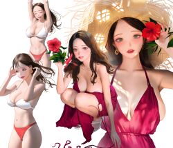 1girl absurdres arms_up bikini breasts brown_hair cleavage closed_eyes collarbone commentary earrings flower green_eyes grin hat high_heels highres holding holding_flower jewelry large_breasts long_hair looking_at_viewer mismatched_bikini multiple_views navel original parted_bangs parted_lips red_bikini red_flower red_lips sideways_glance smile squatting sun_hat swimsuit symbol-only_commentary teeth white_background white_bikini white_footwear wonbin_lee