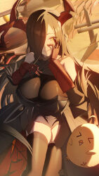 1girl :d absurdres azur_lane black_dress black_hair black_thighhighs breasts cleavage commentary_request dress friedrich_der_grosse_(azur_lane) gloves hair_over_one_eye hand_on_own_cheek hand_on_own_face highres horns large_breasts long_hair looking_at_viewer manjuu_(azur_lane) mechanical_horns open_mouth red_gloves red_horns rigging sitting smile solo thighhighs thighs tongue tongue_out yellow_eyes yuyiosang