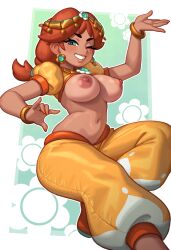 1girl arabian_clothes blue_eyes bracelet braid breasts brown_hair clothes_lift dark-skinned_female dark_skin earrings flower_earrings green_eyes grin harem_pants jewelry large_breasts long_hair looking_at_viewer mario_(series) mario_(series), mario_kart mario_kart_world nail_polish navel nipples nude_filter official_alternate_costume one_eye_closed orange_nails pants princess_daisy princess_daisy, princess_daisy_(oasis) puffy_nipples puffy_short_sleeves puffy_sleeves riz shirt_lift short_sleeves smile solo stomach teeth third-party_edit yellow_pants