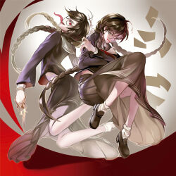 2girls ahoge braid collared_shirt crossed_arms cypress_(saaaalt) danganronpa:_trigger_happy_havoc danganronpa_(series) dual_persona eyelashes fukawa_toko genocider_shou glasses holding holding_scissors holding_weapon long_hair long_skirt long_sleeves long_tongue multiple_girls paper red_eyes round_eyewear sailor_collar scar scar_on_leg school_uniform scissors serafuku shirt shoes skirt smile socks tally teeth tongue tongue_out twin_braids weapon white_sailor_collar white_socks