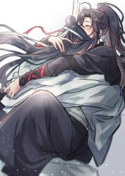 2boys ahoge black_hair black_hanfu blush chinese_clothes closed_eyes couple hair_ribbon hanfu headband high_ponytail highres hug lan_wangji light_particles long_hair long_sleeves male_focus modao_zushi multiple_boys ponytail red_ribbon ribbon robe semiusa1010 sidelocks simple_background sitting sitting_on_lap sitting_on_person topknot wei_wuxian white_background white_hanfu white_headband xiao_guan_(headdress) yaoi
