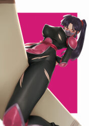 1girl armor arms_behind_back black_bodysuit black_hair bodysuit boomerang breasts brown_eyes commentary_request covered_erect_nipples highres hiraikotsu inuyasha large_breasts long_hair looking_at_viewer mask military_fatigues military_uniform mouth_mask ponytail qingmingtongzi sango_(inuyasha) sheath sheathed shoulder_armor skin_tight solo straddling sword torn_clothes weapon white_background