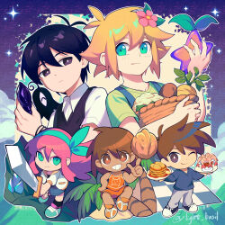 1girl 4boys absurdres alternate_eye_color aubrey_(faraway)_(omori) aubrey_(omori) basil_(faraway)_(omori) basil_(omori) basket black_eyes black_hair black_sweater_vest blonde_hair blue_footwear blue_overalls blue_skirt blue_sweater brick_st bright_pupils brown_eyes brown_hair chibi closed_mouth collared_shirt dark-skinned_male dark_skin denim denim_skirt flower food green_eyes green_shirt grey_pants grin hair_flower hair_ornament hero_(faraway)_(omori) hero_(omori) highres holding holding_basket holding_plate holding_sword holding_weapon index_finger_raised jacket kel_(faraway)_(omori) kel_(omori) long_hair long_sleeves looking_at_viewer multiple_boys omori one_eye_closed orange_shoes orange_shorts overalls pants parted_lips pink_hair plate shirt shoes short_hair short_sleeves shorts sitting skirt smile sneakers something_(omori) stardew_valley sunny_(omori) sweater sweater_vest sword t-shirt teeth weapon white_jacket white_pupils white_shirt