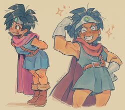 1girl absurdres arms_behind_back black_hair boots brown_boots closed_eyes dragon_quest dragon_quest_iii ear_piercing flexing gloves green_eyes grin hand_on_own_hip heroine_(dq3) highres muscular muscular_female open_mouth parted_lips piercing seiishin short_hair smile solo teeth upper_teeth_only white_gloves