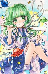Rule 34 | 1girl, absurdres, aqua shoes, bare shoulders, blue skirt, blush, closed mouth, collared shirt, detached sleeves, frilled skirt, frills, frog hair ornament, gohei, green eyes, green hair, hair ornament, hair tubes, highres, holding, holding gohei, jewelry, kochiya sanae, medium hair, necklace, papapapappa123, shide, shirt, shoes, single hair tube, single sidelock, skirt, socks, solo, star (symbol), touhou, ufo, undefined fantastic object