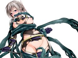 1girl 73gou_koudou blush braid breasts censored female_focus game_cg gloves grey_hair kappamaru lilitales mosaic_censoring nipples purple_eyes purple_gloves pussy simple_background solo tentacles torn_clothes