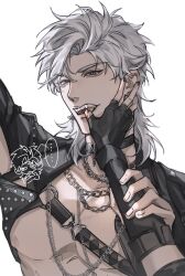 ... 1boy 1girl black_gloves black_nails blood blood_on_hands chain chain_necklace chibi chibi_inset earrings fangs finger_in_another&#039;s_mouth fingerless_gloves gloves grey_hair hair_between_eyes hetero highres holding_another&#039;s_arm jewelry looking_at_viewer love_and_deepspace medium_hair nail_polish necklace official_alternate_hairstyle protagonist_(love_and_deepspace) spoken_ellipsis sylus_(love_and_deepspace) white_background yibai0419