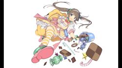 1girl absurdres animal_bag anklet backpack bag bell blue_eyes blunt_bangs bracelet breasts brown_hair bucket candy cat_bag cleavage dress dropped_food fang food hairband hamster highres holding holding_bucket jewelry large_breasts long_hair minori_(senran_kagura) neck_bell non-web_source official_art open_mouth pillarboxed pink_shoes senran_kagura senran_kagura_burst_re:newal shoes smile solo striped_clothes striped_thighhighs thighhighs twintails white_background white_hairband white_sleeves yaegashi_nan yellow_dress yellow_thighhighs zettai_ryouiki