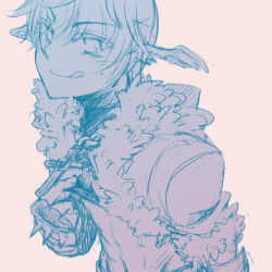 1boy :q abs closed_mouth commentary_request crop_top cropped_jacket feathered_wings fur-trimmed_jacket fur_trim greyscale head_wings jacket looking_at_viewer male_focus monochrome navel ragnarok_online ri_t_k simple_background sketch smile solo stalker_(ragnarok_online) tongue tongue_out upper_body wings